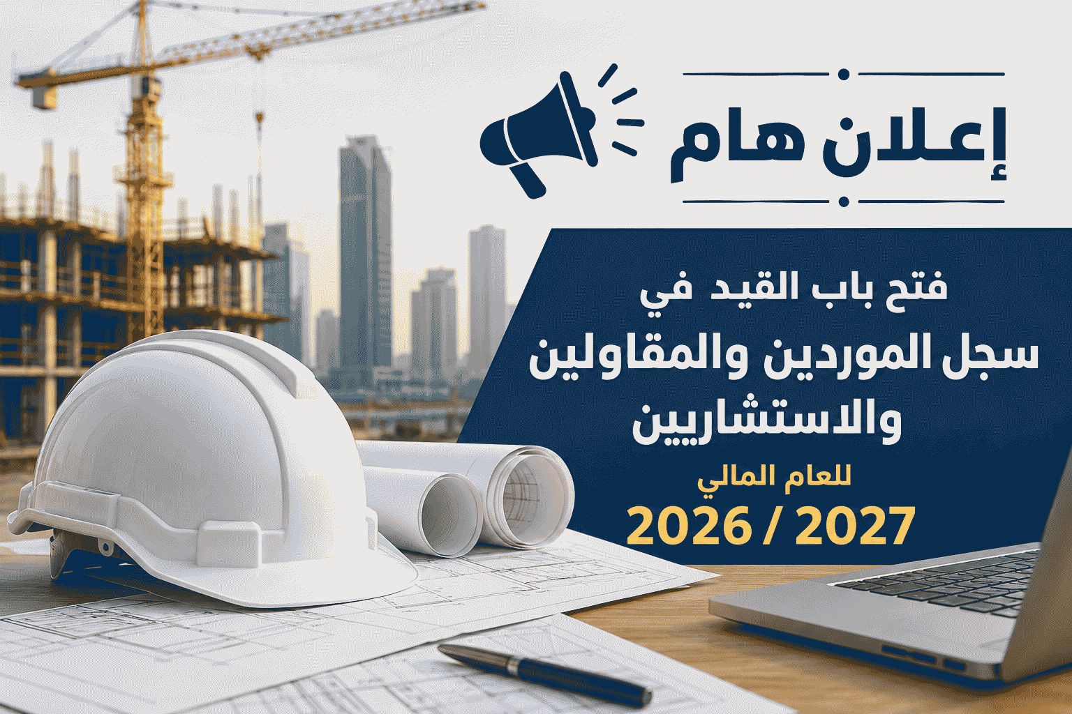 فتح باب القيد في سجل الموردين والمقاولين والاستشاريين عن العام المالي 2026 / 2027